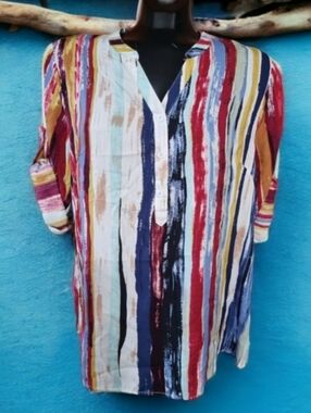Casa Donna Striped Multicolor Pop Over Henley Cotton Blend Tunic Blouse Size L